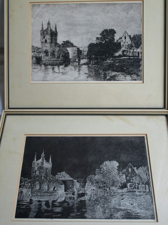 Frans de Groen :  2 Etsen , Dag en Nacht â�� ingelijst â�� ca 1945 verkocht voor € 35!