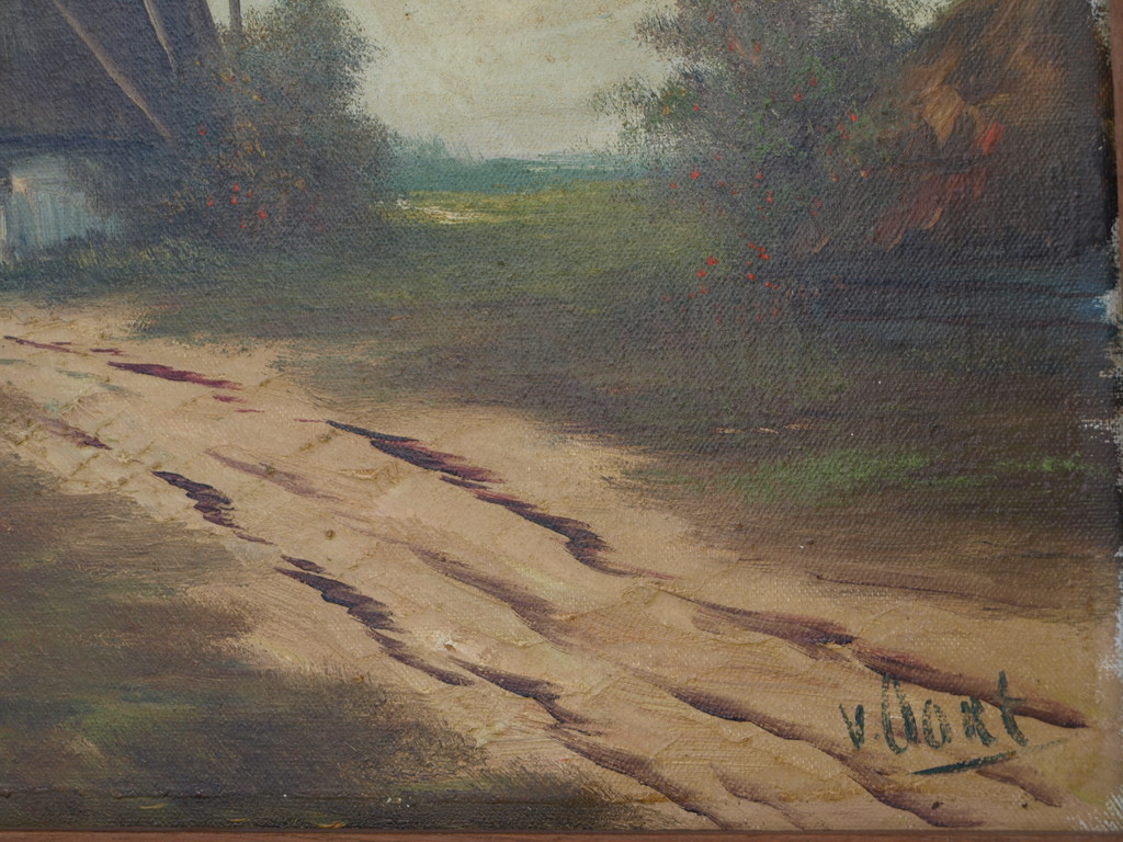 Gesigneerd ‘v. Oort’ (?) : Olieverf op doek – Landschap met molen – ingelijst  kopen? Bied vanaf 1!