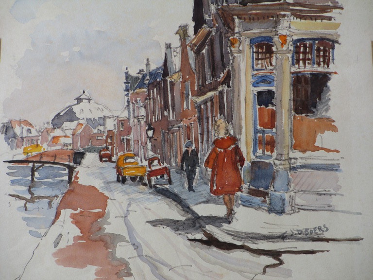 Frans Boers - Frans Boers, Burgwal Haarlem, Aquarel kopen? Bied vanaf 1!