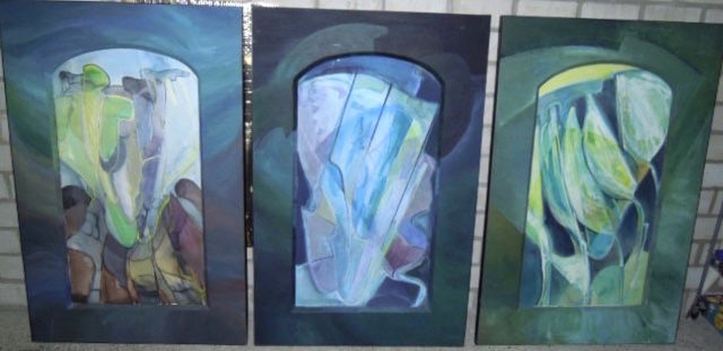 Serie 3 moderne schilderijen Nora de Jong-Proeme 1934- 243 X 126 cm verkocht voor € 65!
