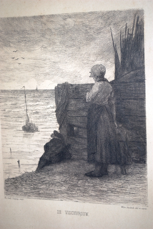 VISSERSVROUW MET 2 KINDEREN--ETS UIT 1885--DOOR WILLEM STEELINK--MOOI INGELIJST verkocht voor € 35!
