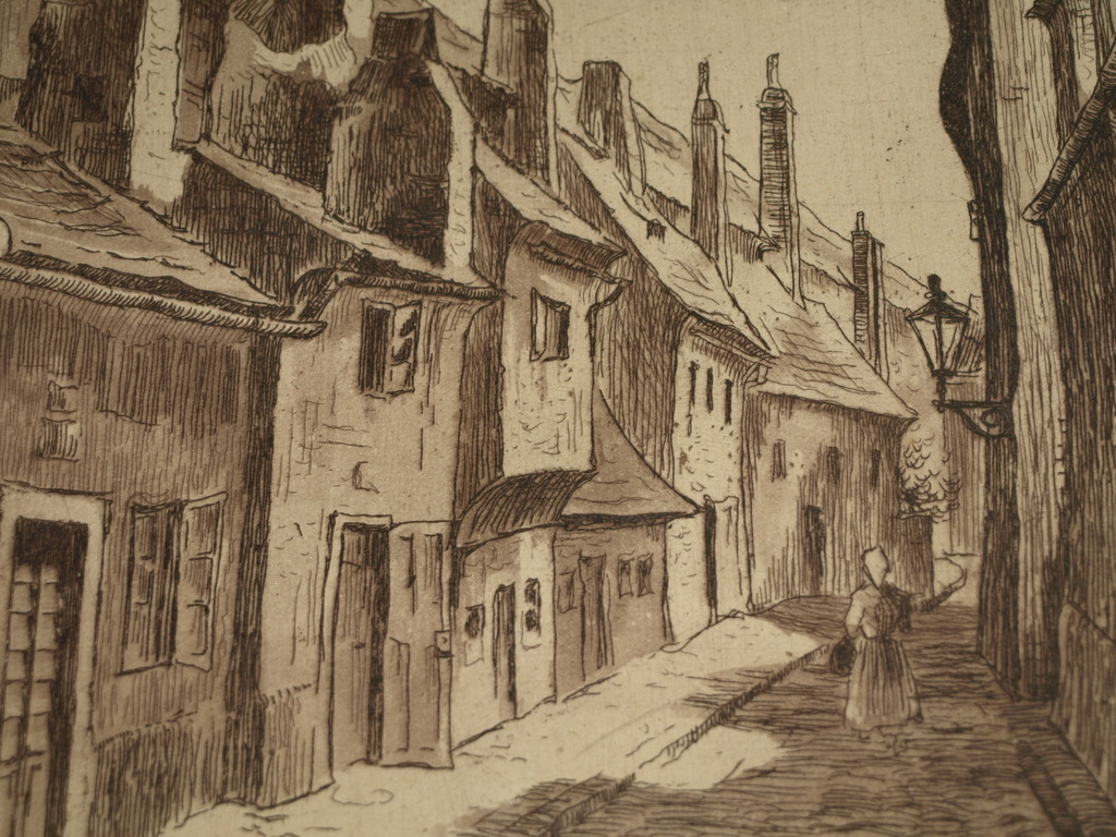 Onbekend : Ets – Straatje – Gesigneerd & ingelijst – Oud kopen? Bied vanaf 1!