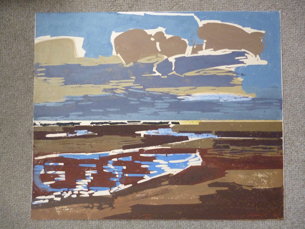 Hein Stork - kleurenlinosnede - Het Wad verkocht voor € 125!