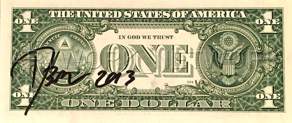 DEATH NYC "Red Snow" - original Painting on US $1 bill, dated 2013, with COA kopen? Bied vanaf 1!