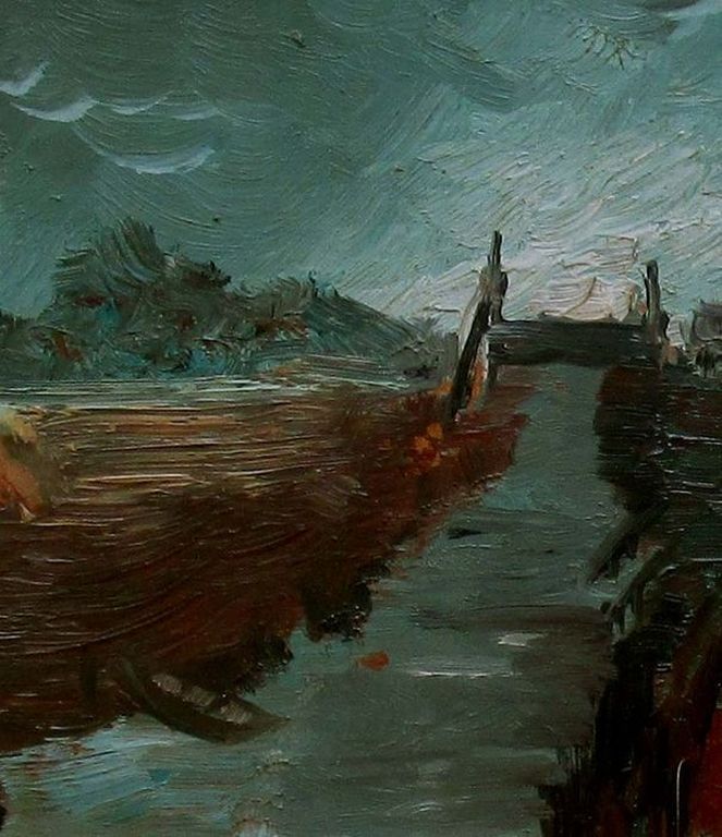 Onbekend kunstenaar: Olieverfschilderij, Landschap met water en brug kopen? Bied vanaf 20!