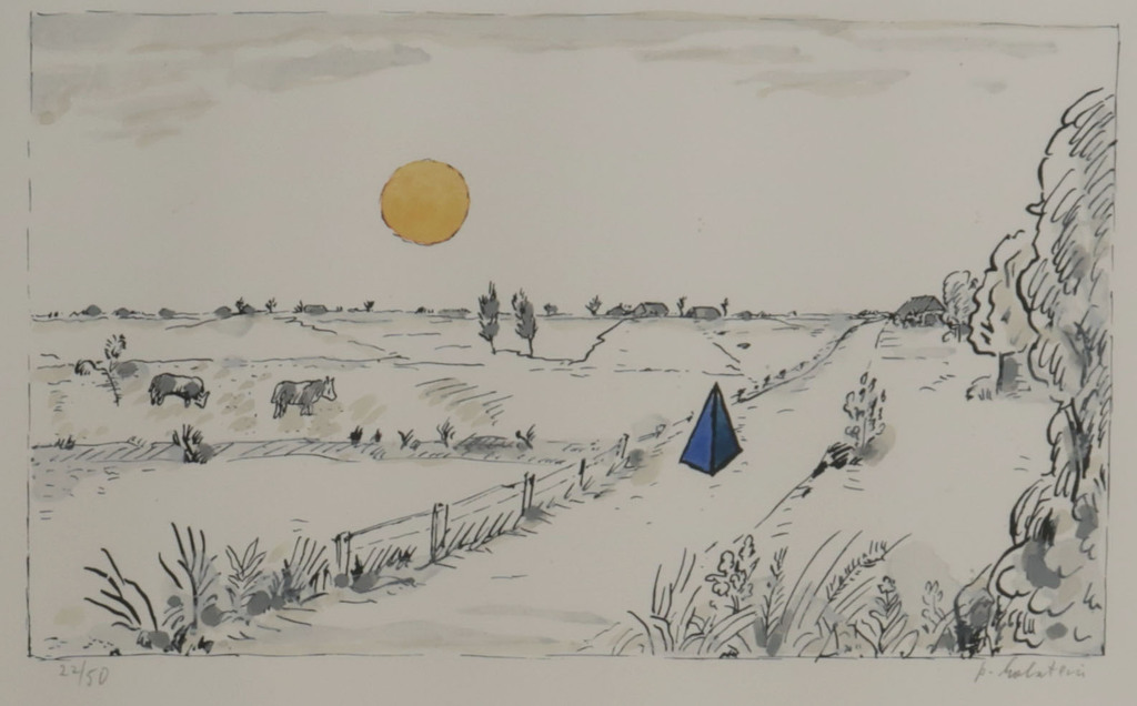 Pieter Holstein: Handgekleurde Litho, Landschap met blauwe piramide - Ingelijst kopen? Bied vanaf 1!