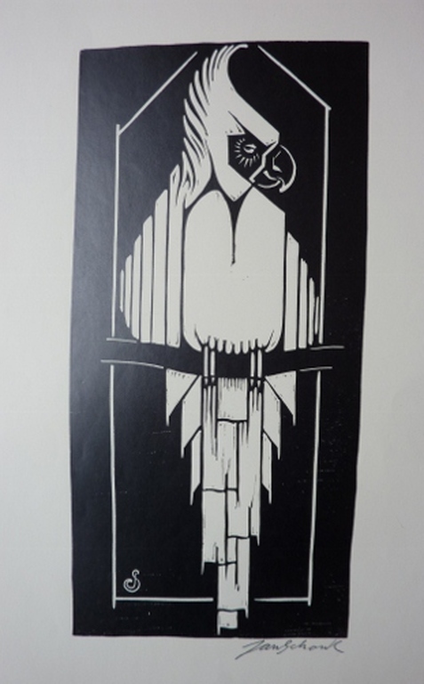 Jan Schonk Art Deco Houtsnede "Kakatoe" 1927 verkocht voor € 45!