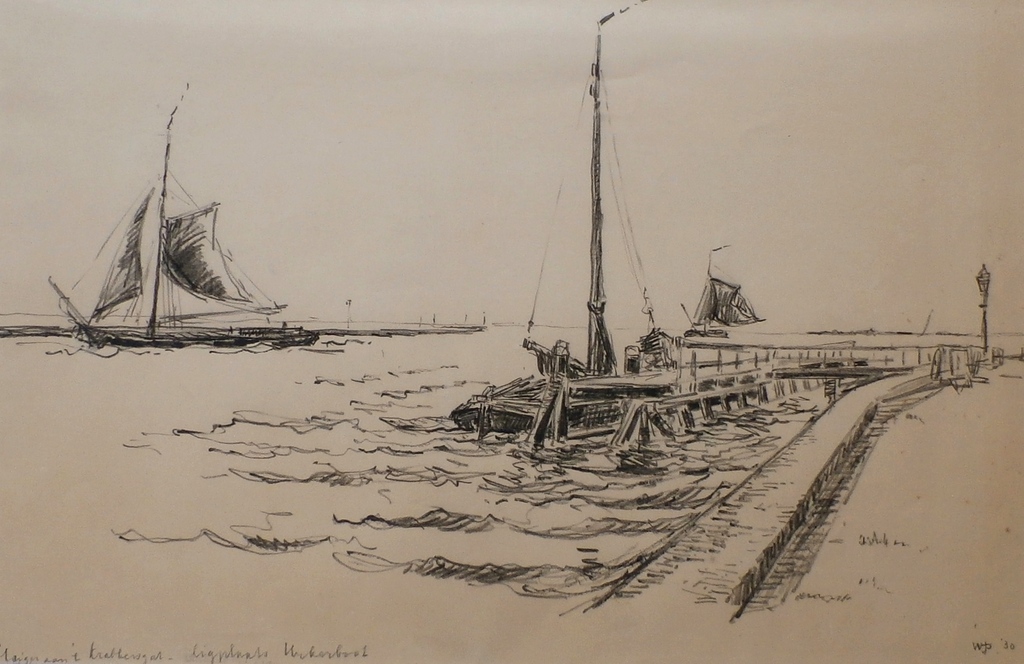 Willem Jans Dijk - tekening: Steiger aan 't krabbersgat - ligplaats Urkerboot verkocht voor € 55!