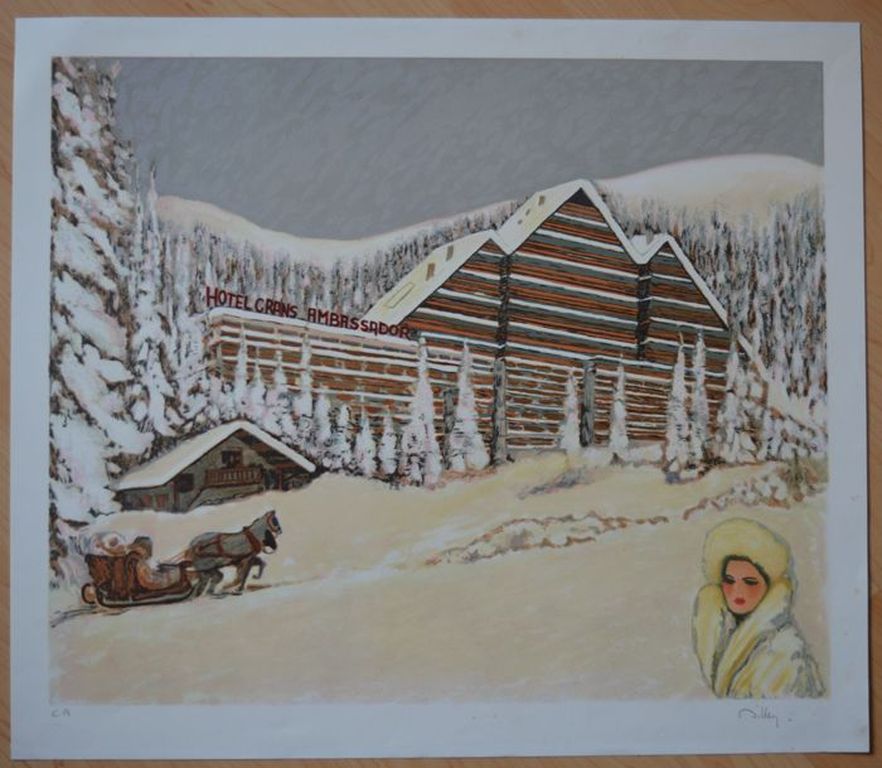 Ramon Dilley - lithografie in kleur - Hotel Crans Ambassador. Oplage E/A kopen? Bied vanaf 1!