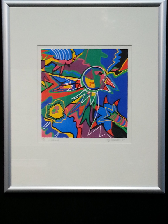 Marianne Naerebout, zeefdruk met lijst , titel " Firebird" verkocht voor € 45!