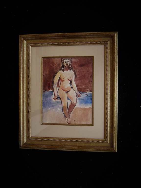 Omstr. 1920 gesigneerd Herman Bieling Rotterdam "de Branding" Aquarel "vr naakt" verkocht voor € 46!
