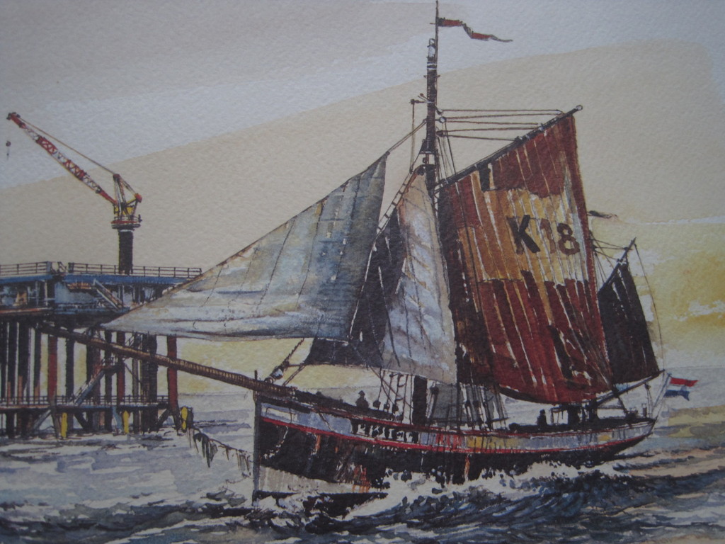 Handingekleurde Litho "Booreiland Cont.Netherlands Oil Co." van Paul Kerrebijn  kopen? Bied vanaf 1!