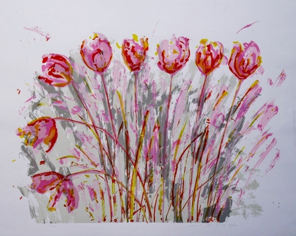 Lukie de Bree: Zeefdruk, Tulpen, Gesigneerd, 1984 kopen? Bied vanaf 45!