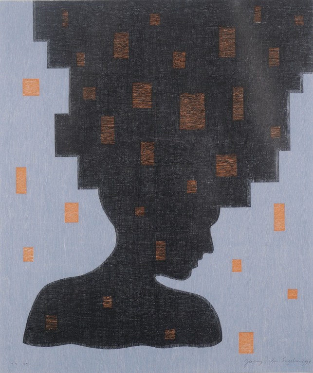 Jacomijn den Engelsen: Houtsnede, Afro (blauw) - Ingelijst kopen? Bied vanaf 35!