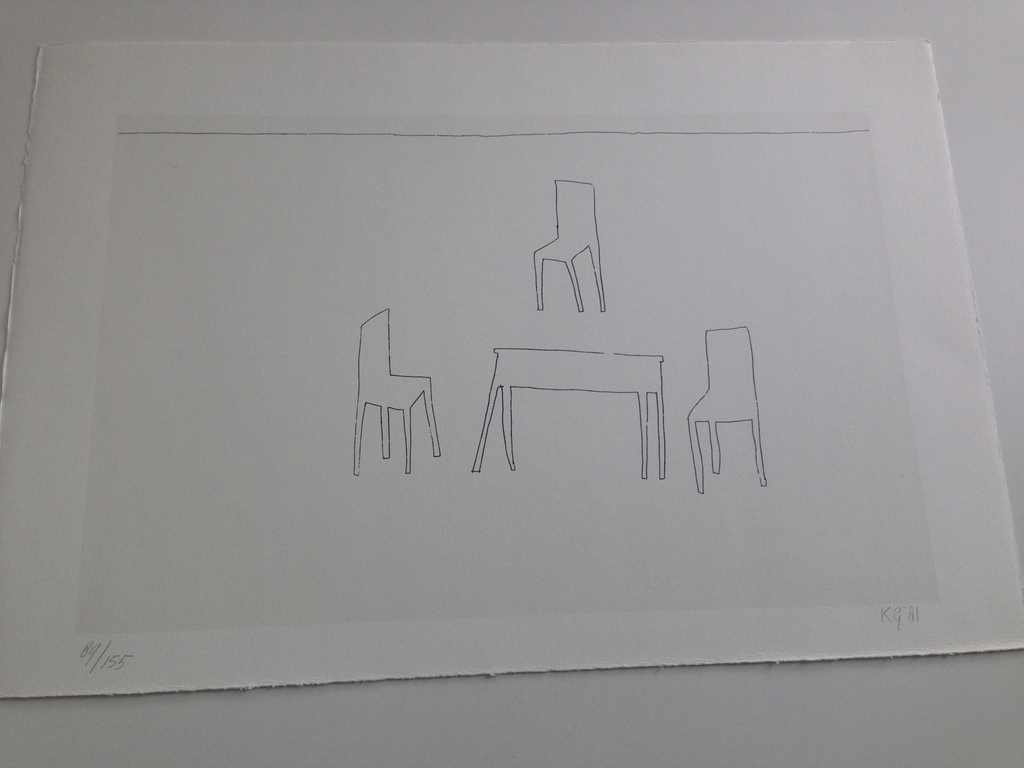 Klaas Gubbels, 1981, gesigneerd, zeefdruk, tafel & stoelen verkocht voor € 95!