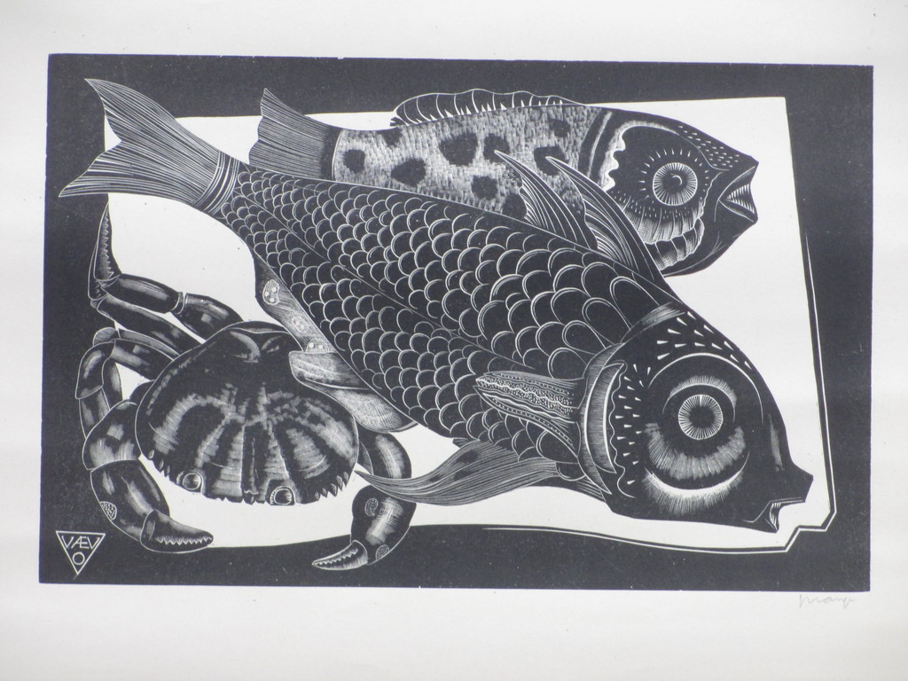 Ko Prange, Vissen en schaaldier, Houtsnede kopen? Bied vanaf 35!