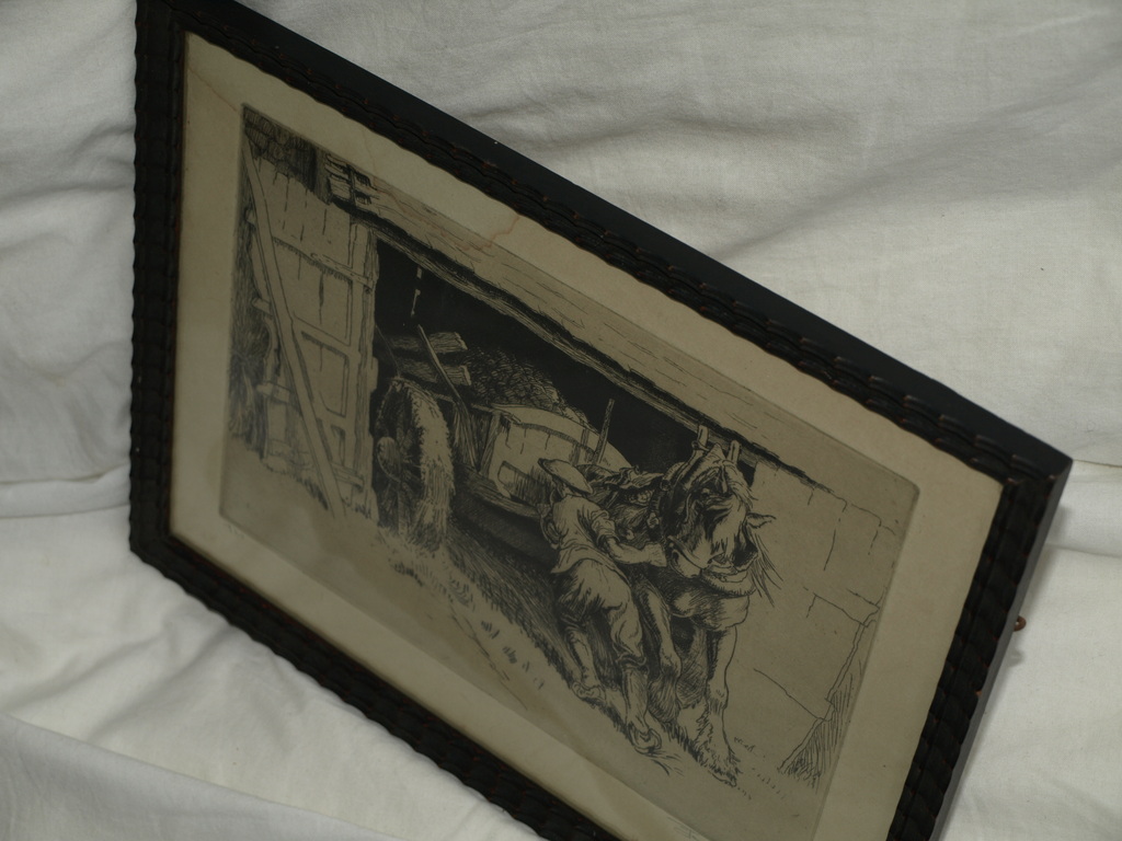 JAN DAUM (1892-?) – Ets – Boer met paard – Gesigneerd & ingelijst – 1922 kopen? Bied vanaf 75!