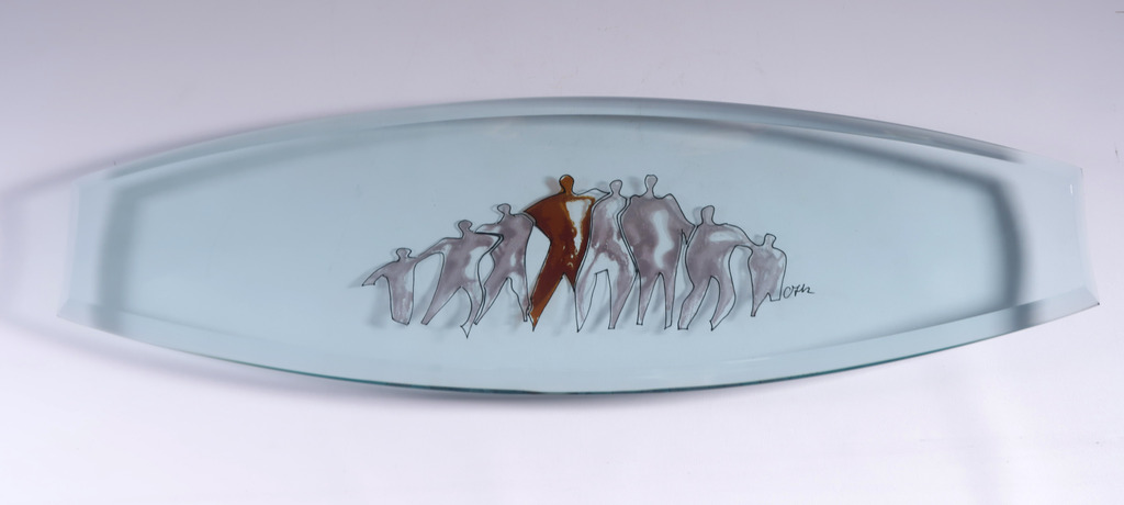 Glazen schaal met twee metalen sculpturen in houten bewaarbox met documentatie kopen? Bied vanaf 1!