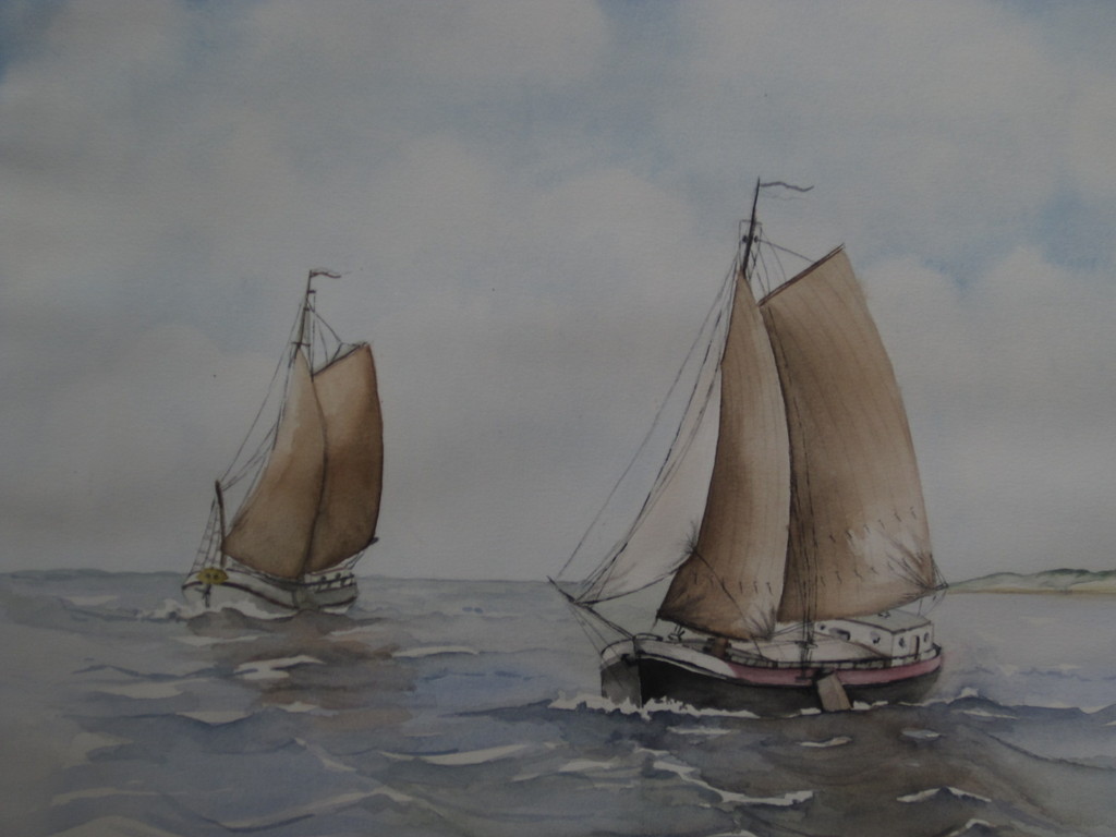 Grote aquarel "Botters op een rustige waddenzee bij Terschelling" gesigneerd kopen? Bied vanaf 1!