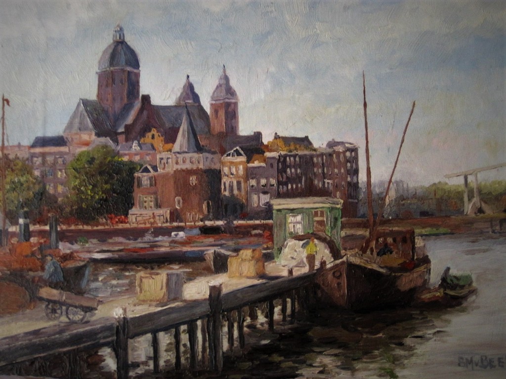 Oud gesignrd olieverf "Amsterdam Prins Hendrikkade en Schreierstoren" S.M.v Beek kopen? Bied vanaf 1!