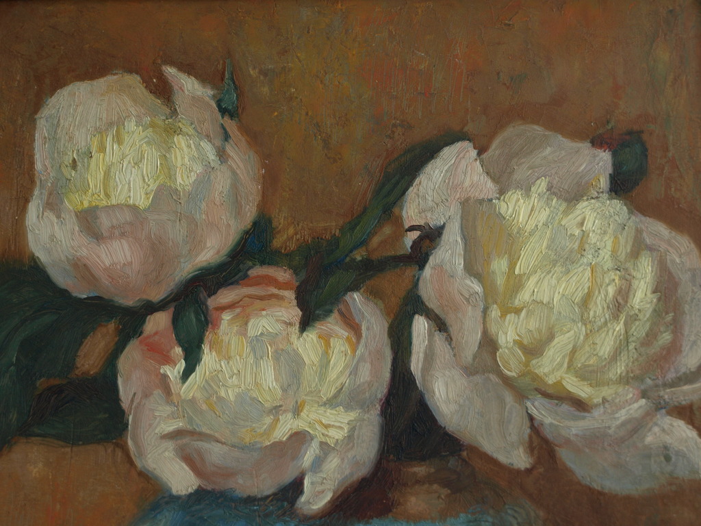 Onduidelijke signatuur : Olieverf op paneel – Pioenrozen – ingelijst  kopen? Bied vanaf 1!