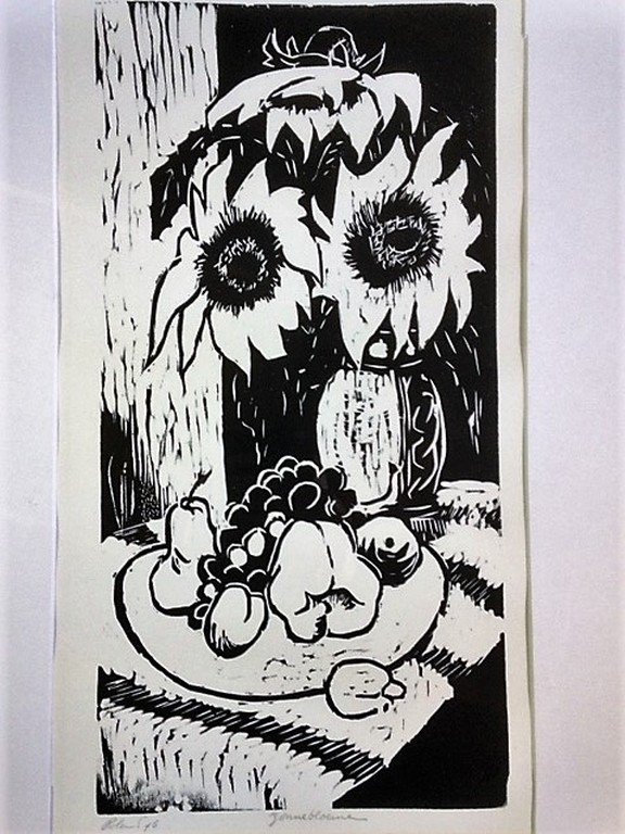G. Roland, houtsnede, Zonnebloemen kopen? Bied vanaf 10!