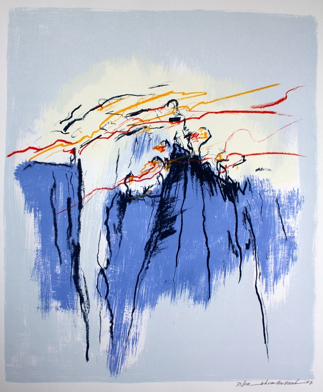 JOHANN VAN DEN NOORT, “Flying seabirds around the Farnes” 1987, zeefdruk.  verkocht voor € 40!