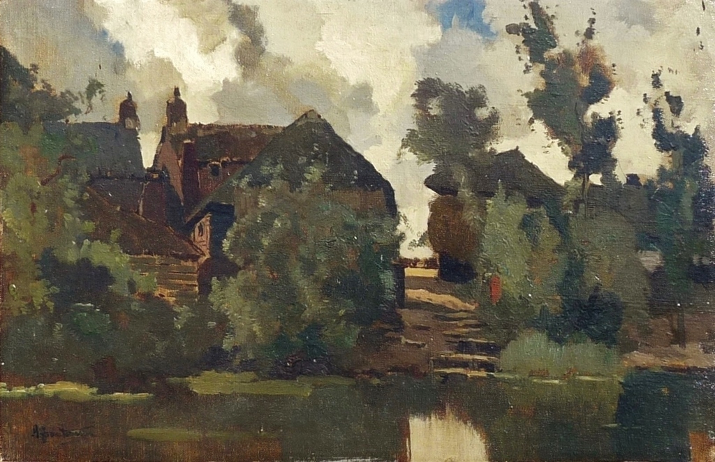 Arend Jan van Driesten: Olieverf op doek op board (marouflage), Huizen aan water kopen? Bied vanaf 375!