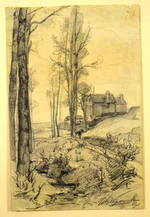 Jan Hillebrand Wijsmuller - Jan Hillebrand Wijsmuller: Tekening, Landschap met riviertje en huizen verkocht voor € 80!