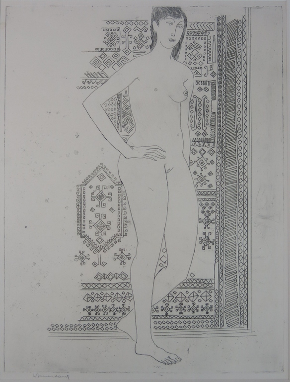 Theo Beerendonk: Ets, Naakt staand tegen gedecoreerde achtergrond, incl. boek verkocht voor € 100!