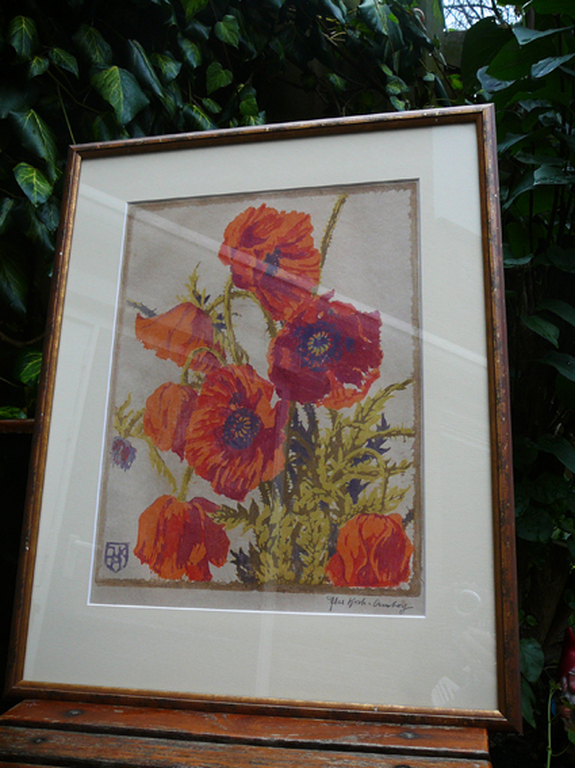 Ilse Koch-Amberg: 'Papavers' (kleuren houtsnede) Duitsland, circa 1925 verkocht voor € 89!