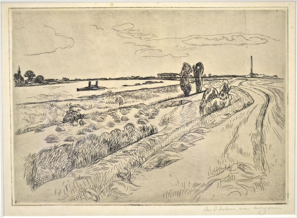 Antoon Derkzen van Angeren: Ets. Rivierlandschap kopen? Bied vanaf 35!