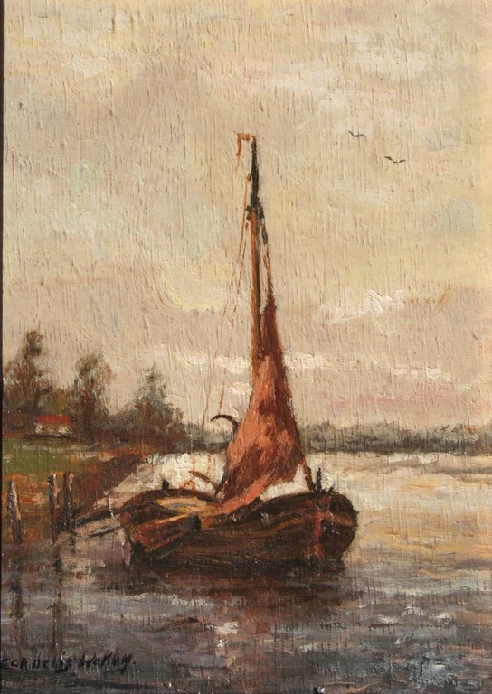 onbekende kunstenaar - olieverf op paneel - zeilbootje in de polder - gesigneerd kopen? Bied vanaf 1!