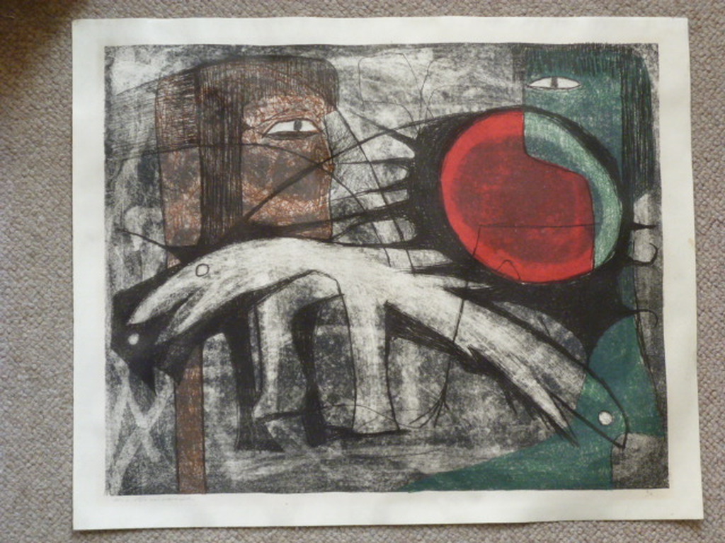 Harry van Kruiningen - kleurenlitho - Dierfiguur met 2 gezichten en rode zon  kopen? Bied vanaf 85!