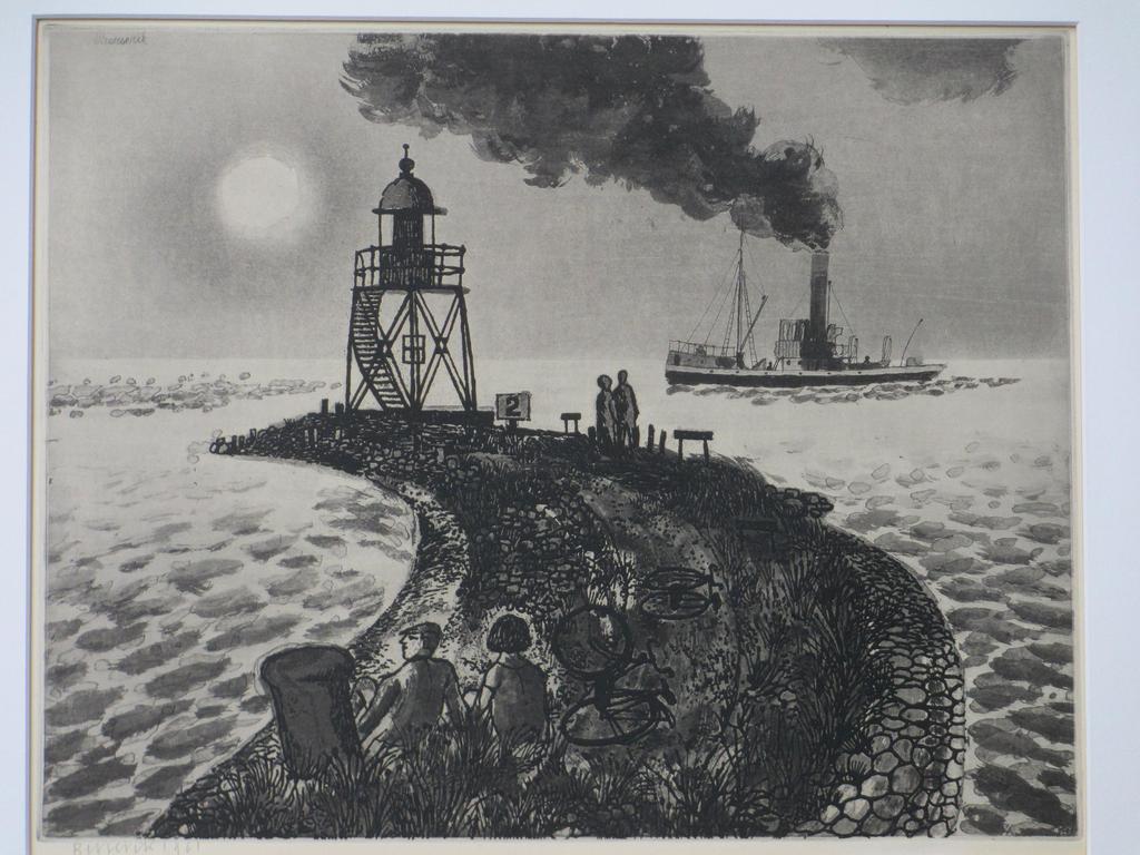 Herman Berserik, Pier met vuurtoren, figuren en stoomboot, Ets 1961 verkocht voor € 100!