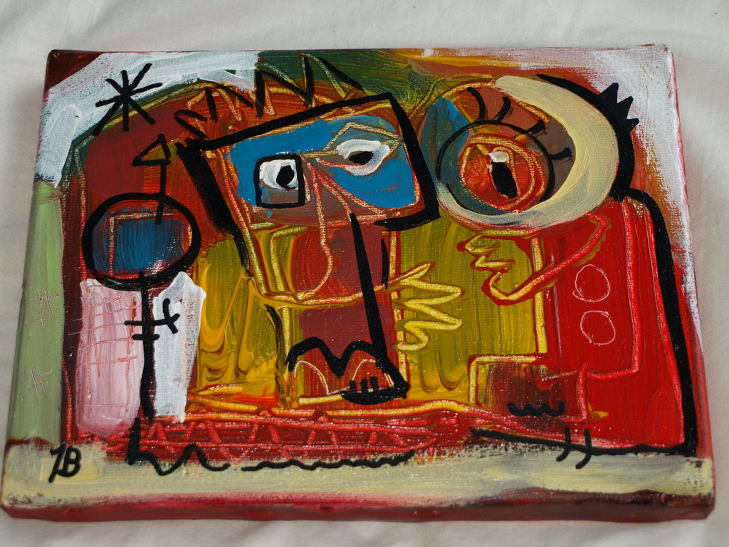 Jasper Banen (1962) : Acrylverf op doek – Gesprek op straat - Gesigneerd – 2000  vendu pour 50€ !