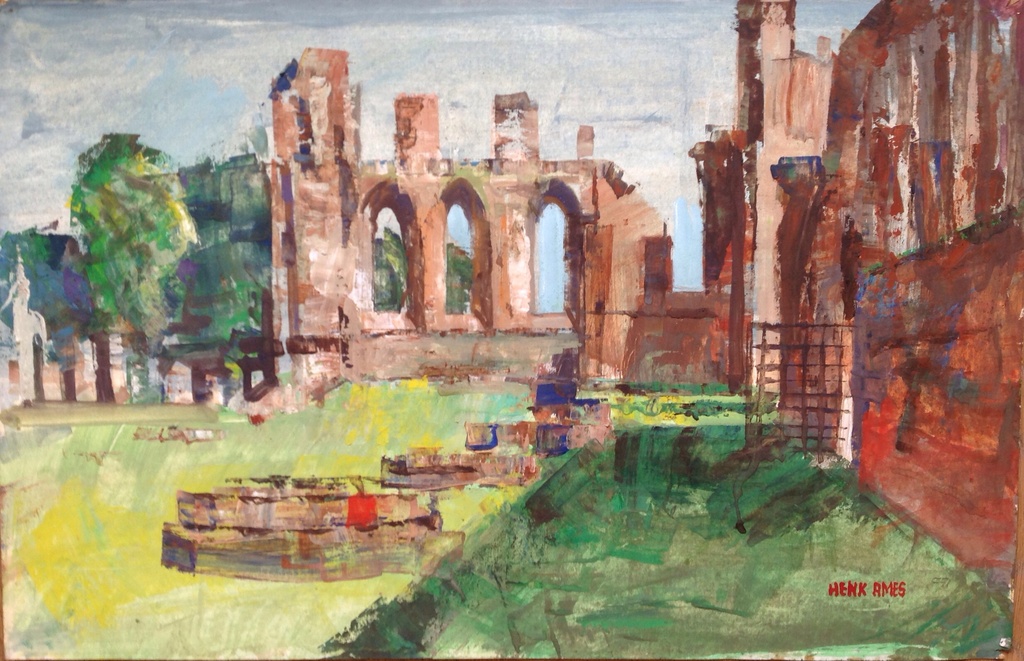 Henk Ames: gouache, landschap met ruïne  kopen? Bied vanaf 1!