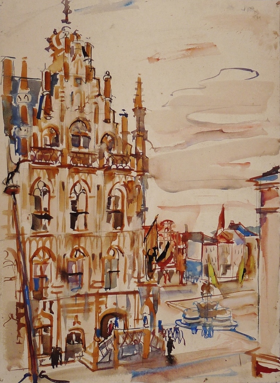Jan Gerrit Jordens, Aquarel, Oud gebouw bij plein verkocht voor € 400!