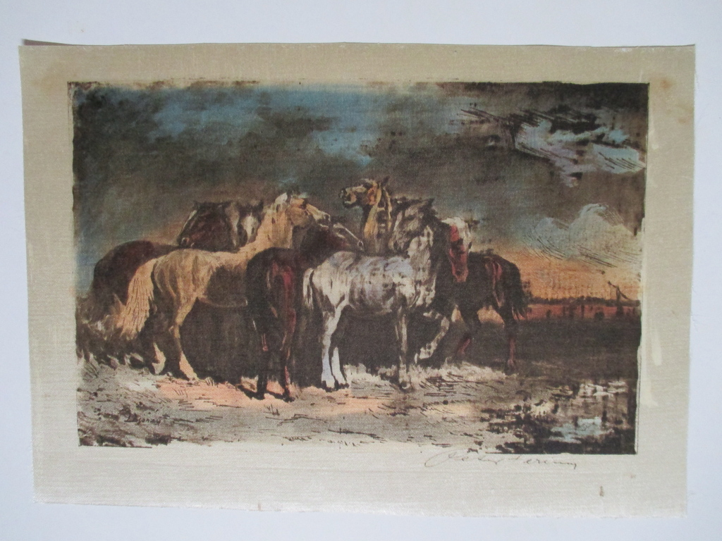 Handgekleurde ets gedrukt op zijde, onbekend gesigneerd, paarden kopen? Bied vanaf 1!