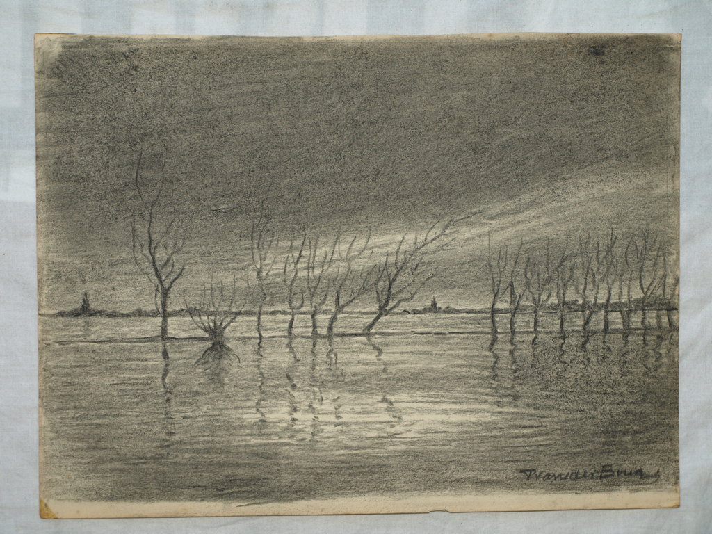 Pieter van der Brug – Tekening – Ondergelopen land – Gesigneerd – ca 1950 kopen? Bied vanaf 1!