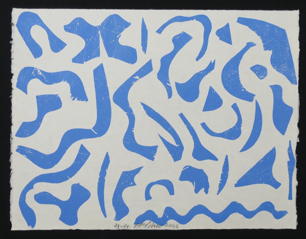 Carel Visser: Houtsnede op rijstpapier, Zonder titel (blauw) verkocht voor € 130!