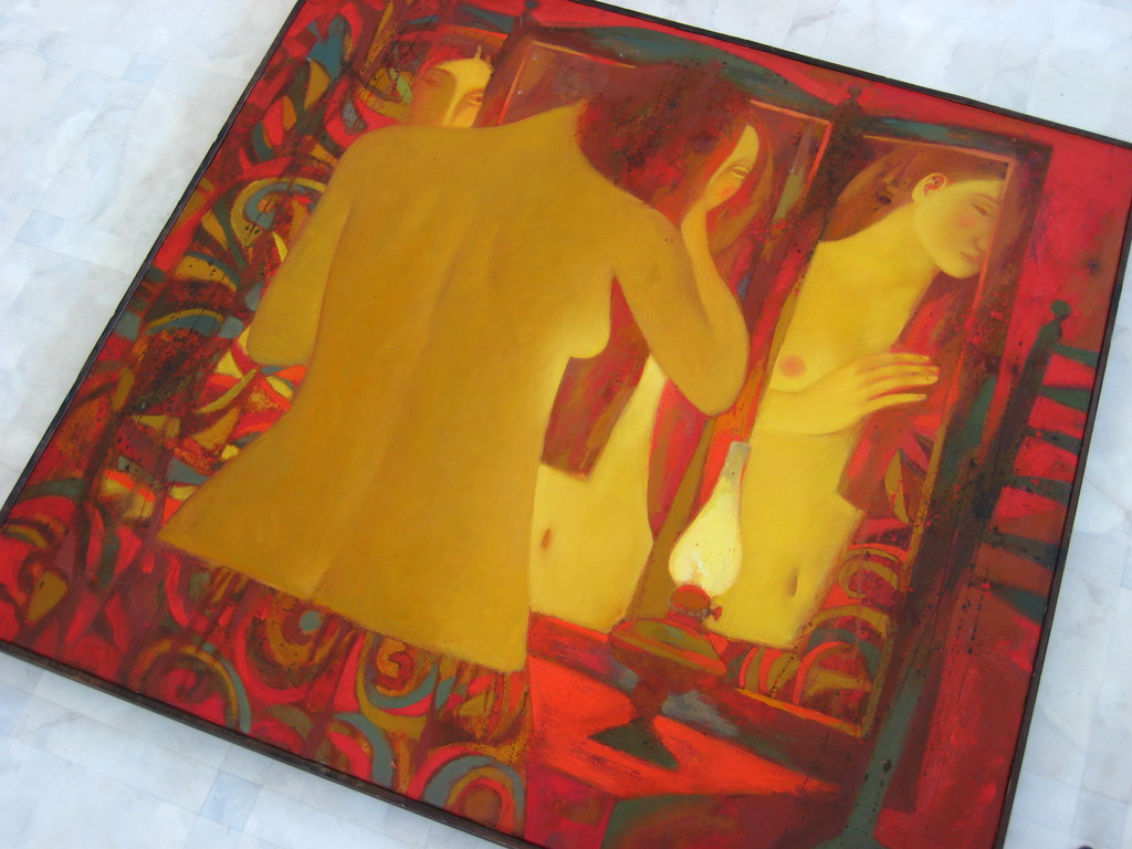 Onbekende kunstenaar. Olieverf op doek. Naakt voor spiegel. kopen? Bied vanaf 175!