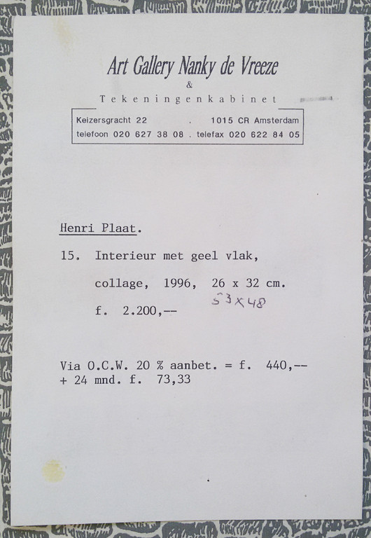 Henri Plaat - Interieur met geel vlak, gemengde techniek (mooi ingelijst) kopen? Bied vanaf 1!