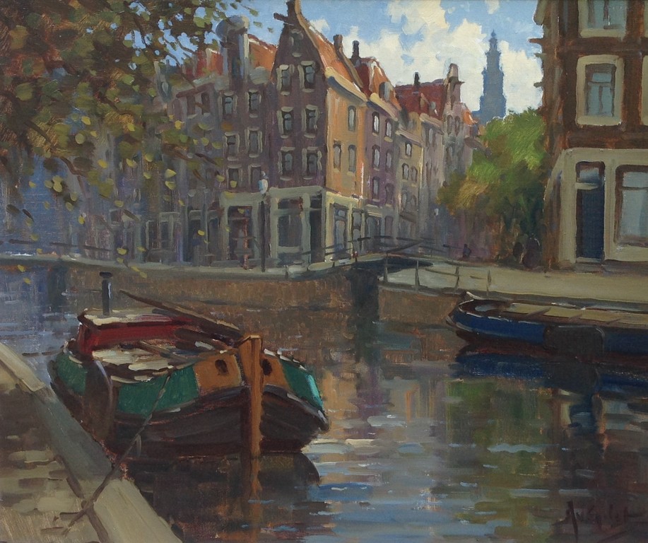 Arnout van Gilst, olie op doek, Boten in een Amsterdamse gracht kopen? Bied vanaf 750!