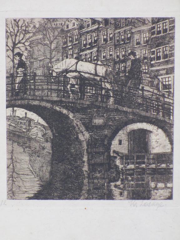 Hendrik Lesage, Amsterdamse brug met personen en paard, Ets verkocht voor € 40!
