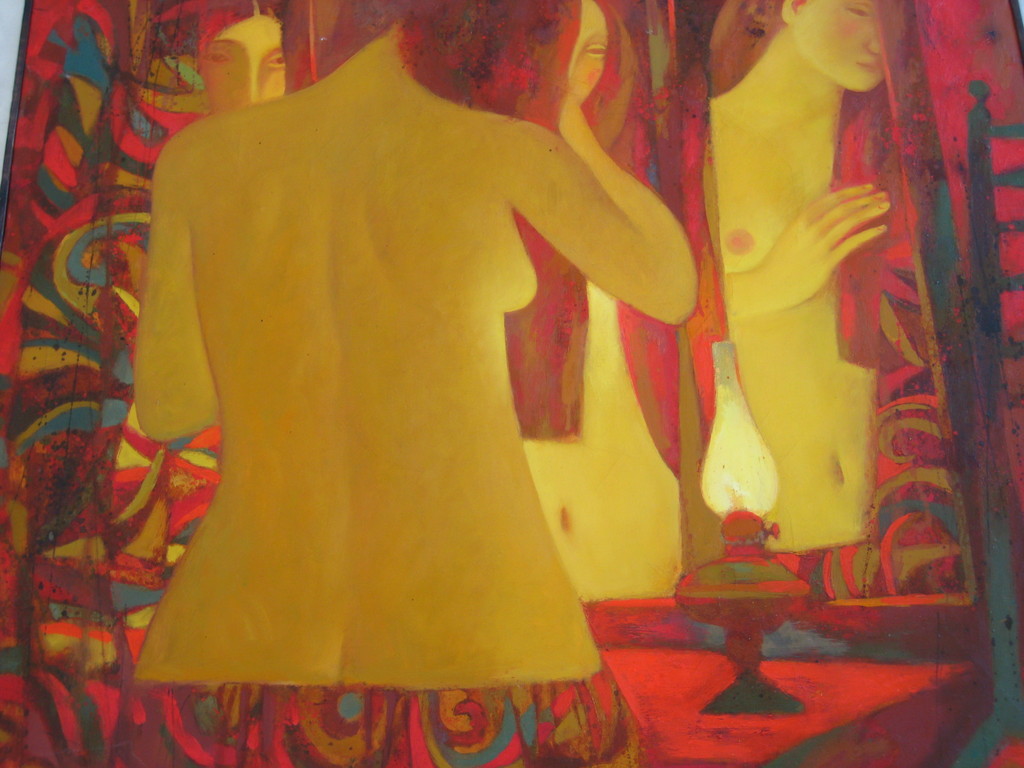 Onbekende kunstenaar. Olieverf op doek. Naakt voor spiegel. kopen? Bied vanaf 175!