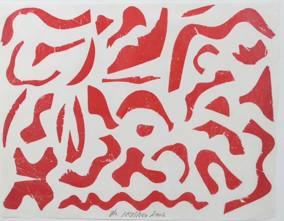 Carel Visse: Houtsnede, Zonder titel (rood) - Ingelijst kopen? Bied vanaf 100!