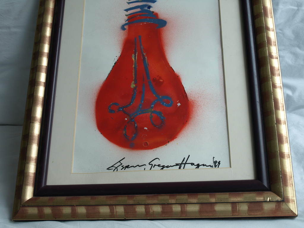 Espen Hagen : Acrylverf en spuitbus , Gloeilamp - ingelijst - 1995 verkocht voor € 40!
