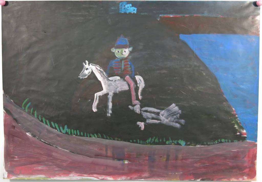 Ruven Levav: Acryl op papier, Teddybeer te paard (groot) kopen? Bied vanaf 1!