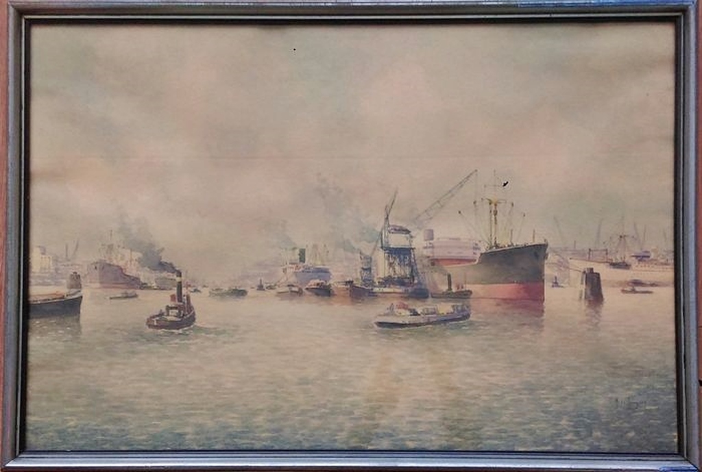 Bedrijvigheid in de Rotterdamse haven - gemengde techniek - gesigneerd - 1940 verkocht voor € 300!